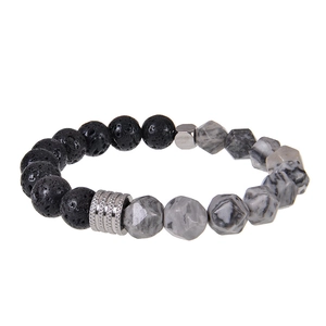 Men Natural Stone Beaded Bracelet Lava Volcanic Rock Map Stone Faceted Tiger Eye Stainless Steel Spacers Elastic Wristband