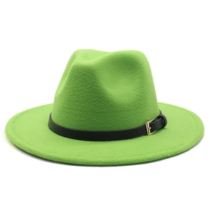 Detailed close-up of bright green wool fedora hat with black leather strap and gold buckle