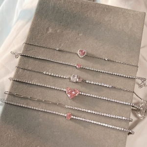 Elegant S925 sterling silver tennis bracelets with pink heart and rectangle zircon stones