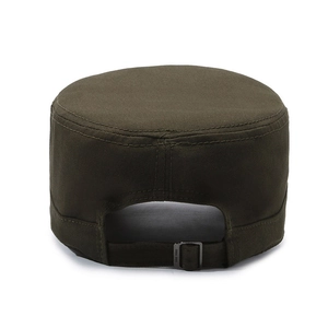 Rear view of olive green flat top military cap with adjustable metal buckle and cotton texture