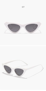 Detailed views of C7 white cat eye sunglasses with dark grey lenses and plastic frames