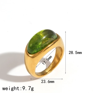 Elegant gold-plated stainless steel ring with oval green stone and detailed dimensions
