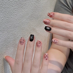Cartoon Press On Nails Bow Cherry Strawberry Star Pattern Sweet Cool Style Glossy Square Round False Nails Plastic