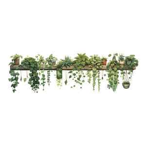 Illustration of green hanging potted plants on a wooden shelf for wall decoration