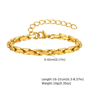 Detail view of a 4.2mm wide gold stainless steel chain bracelet with lobster clasp