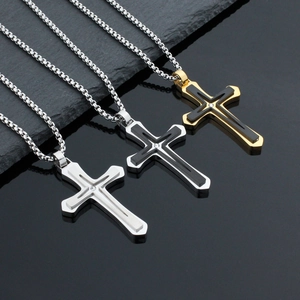 Hip hop double-layer stainless steel cross necklaces in silver, gold, and black finishes