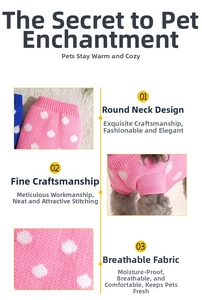 Close-up of knit pet sweater featuring round neck design and pink and blue polka dots