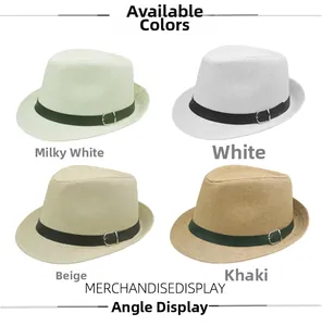Detail of straw fedora hats in cream, white, beige, and khaki with woven textures