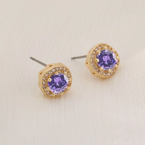 Sparkling square zircon stud earrings with purple stone in golden setting for women