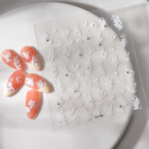 5D embossed white butterfly nail art stickers with pearls and crystals on fake nails