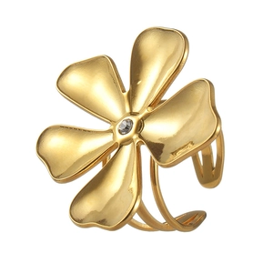 Bague ouverte en acier titane doré avec motif fleur à 5 pétales et pierre en zircon