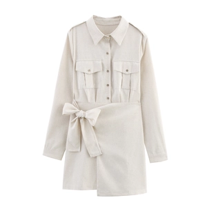 Robe Courte Utilitaire Femme Manches Longues Revers Bouton Poche Enveloppante Taille Nouée Ligne A Rétro Élégante Polyester