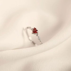 Elegant S925 silver open ring featuring a red heart ruby gemstone in a romantic style