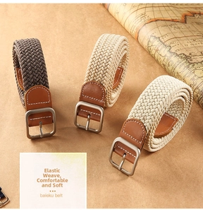 Three elastic braided belts in dark brown, khaki and beige with silver pin buckles