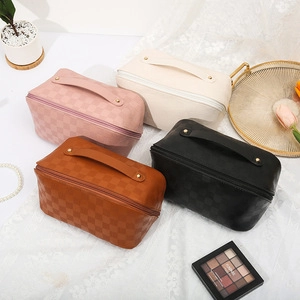 Elegant stone texture makeup cases in pink beige brown and black with checkered pattern