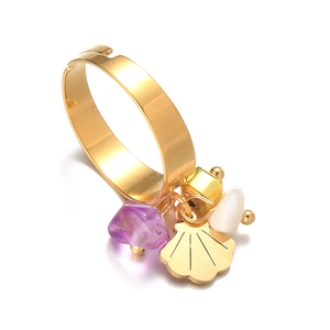Minimalist gold open ring with purple stone and gold scallop pendant in studio light