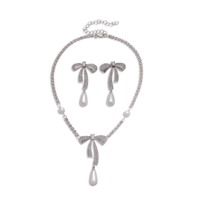 Parure de bijoux chic avec nœud en strass, perles en goutte d'eau et collier