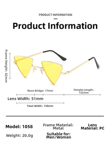 Detailed size chart for punk triangle sunglasses with metal frame and PC lenses