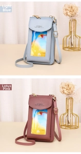 Detail view of crossbody phone bags in light blue and pink with touch screen window