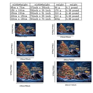 Size guide for Christmas wall tapestries showing various dimensions and weight specifications