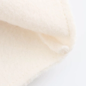 Close-up detail showing the soft white wool blend fabric texture and thick material edges