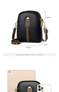 Detailed size chart of black lychee leather crossbody bag with iPad and iPhone comparison