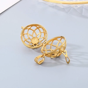 Golden hollow sphere locket pendant in stainless steel with openable mesh design