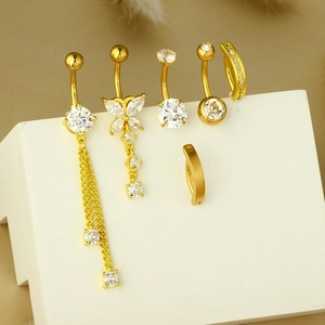 Detailed set of 6 golden stainless steel belly rings with butterfly and zircon accents