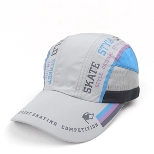 Detail of breathable mesh side panel and graffiti print on quick-dry baseball cap