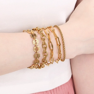 Five-piece 18K gold plated stainless steel Cuban and paperclip chain bracelet set for women
