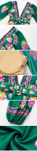 Detail of deep V-neckline with scalloped trim and vintage grape print on swimwear