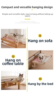 Detail showing adjustable solid wood cat window perch hanging on sofa and bed frame
