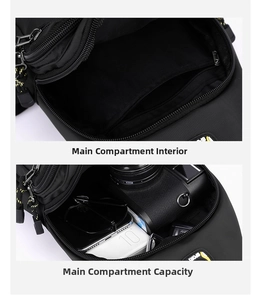 Detail view of water-resistant oxford fabric chest bag with multi-layer inner compartments
