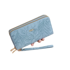 Sky blue long clutch wallet for women with leaf embossing and double zipper design