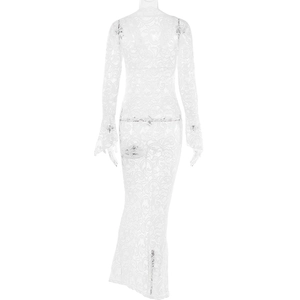 Detailed back view of white lace maxi dress featuring sheer texture and bell sleeves