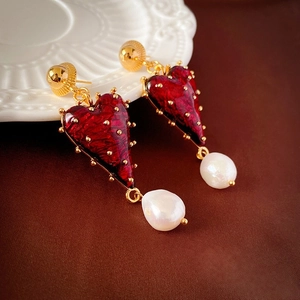 Vintage heart shaped red enamel earrings with gold plating and white baroque pearls