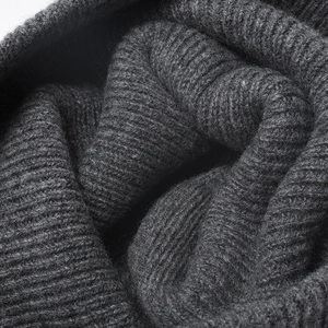 Winter double-layer merino wool knitted beanie for women in dark grey ribbed texture