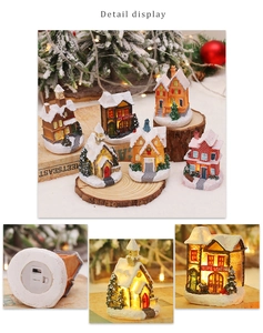Macro shot of illuminated resin Christmas house with warm LED light and battery switch