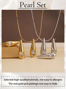 Detailed view of waterdrop-shaped jewelry set with clear zircon and PVD gold plating