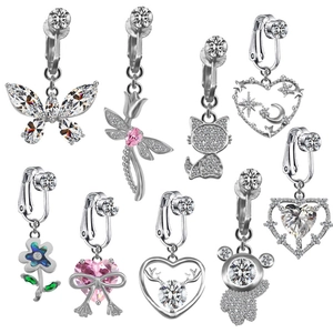 Anneau de Nombril Clip en Alliage Avec Strass Sans Perçage Papillon Ours Libellule Forme de Coeur Boucle d'Oreille Bijoux