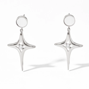 Detailed macro view of silver star earrings with brilliant cut zircon center stone