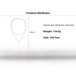 Detailed view of double-layer glass pearl necklace with large pendant and dimensions