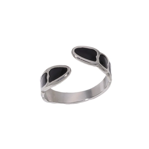 Minimalist silver-toned adjustable open ring with black geometric drip oil enamel inlay