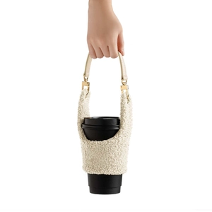 Portable cream lamb wool coffee cup sleeve with leather handle and metal buckle hardware