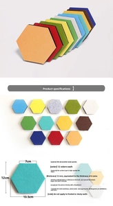 Detailed size specifications and 12-color options for hexagonal felt wall stickers
