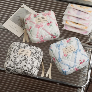 Quilted Floral Bow Cosmetic Bag Portable Zipper Makeup Pouch Small Sanitary Napkin Storage Bag For Women