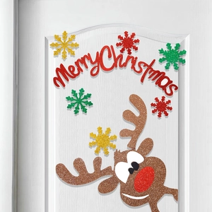 Adesivi Per Porte Di Natale DIY Decalcomanie Da Muro Non Tessuto Glitter Lustrini Babbo Natale Renna Pupazzo Di Neve
