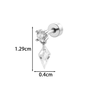 Silver geometric rhombus kite zircon stud earring with clear crystals and size dimensions