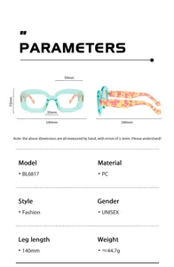 Detailed size chart for BL6817 PC fashion frame showing lens width and temple length