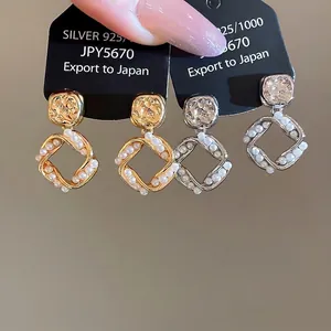 Elegant 18K gold plated S925 silver square dangle earrings with micro pearl inlay